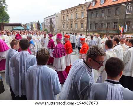 PIEKARY SL, POLAND - MAY 25: Cardinal Zenon Grocholewski, Prefect of the Congregation for Catholic Education and  St. Dziwisz, Archbishop of Krakow, on a pilgrimage for men, 25 May 2014, Piekary Sl.