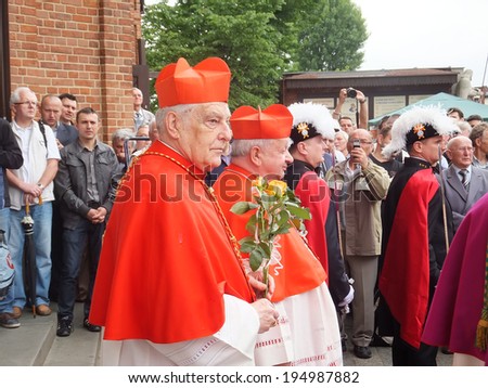 PIEKARY SL, POLAND - MAY 25: Cardinal Zenon Grocholewski, Prefect of the Congregation for Catholic Education and  St. Dziwisz, Archbishop of Krakow, on a pilgrimage for men, 25 May 2014, Piekary Sl.