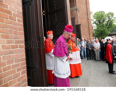 PIEKARY SL, POLAND - MAY 25: Cardinal Zenon Grocholewski, Prefect of the Congregation for Catholic Education and St. Dziwisz, Archbishop of Krakow, on a pilgrimage for men, 25 May 2014, Piekary Sl.