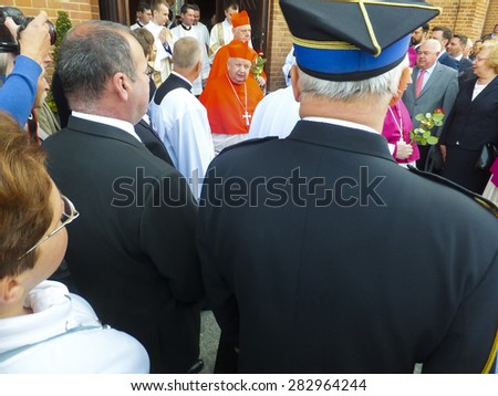 PIEKARY SL, POLAND - MAY 31: Cardinal Gerhard Muller, prefect of the Congregation for the Doctrine of the Faith and St. Dziwisz, Archbishop of Krakow, on a pilgrimage for men, 31 May 2015 Piekary Sl.
