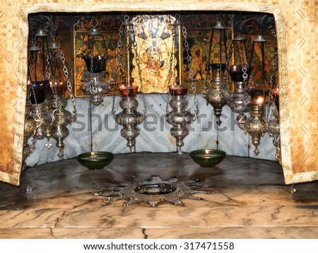 BETHLEHEM - JULY 12, 2015, ISRAEL: A silver star marks the traditional site of the birth of Jesus in Bethlehem\'s Church of the Nativity, Bethlehem, Israel on July 12, 2015.