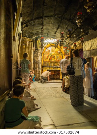 BETHLEHEM - JULY 12, 2015, ISRAEL: The traditional site of the birth of Jesus in Bethlehem\'s Church of the Nativity, Bethlehem, Israel on July 12, 2015.