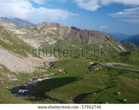 View of the mountains and the road from the highest road pass in the Austrian Alps (Hochtor)
