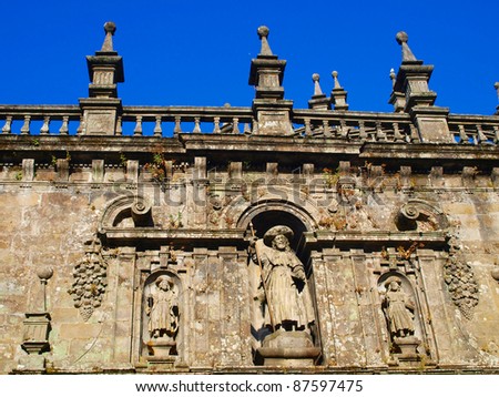 decorative piece of wall above the entrance to the Cathedral of St. James in Santiago de Compostela in Spain