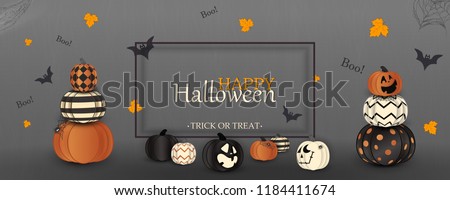 Happy Halloween. Trick or treat. Boo. Holiday concept with ghost orange, white, black halloween pumpkins funny faces, spider web for banner, website, poster, greeting card, party invitation