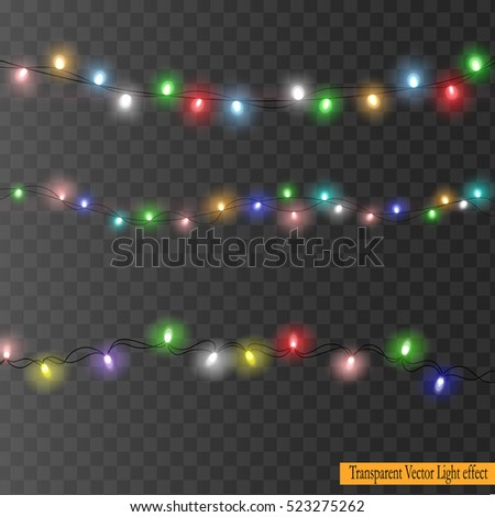 Set of color garlands, Christmas decorations lights effects, New Year design isolated on transparent background. Glowing lights for Xmas Holiday greeting card design.  Flat vector illustration.