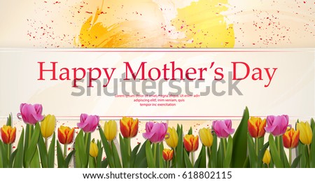 Happy Mothers Day. Vector Festive Holiday Illustration. Mother\'s day wit  tulip field on bright background. Trendy Design Template for greeting card, ad, promotion, poster, flier, invitation.