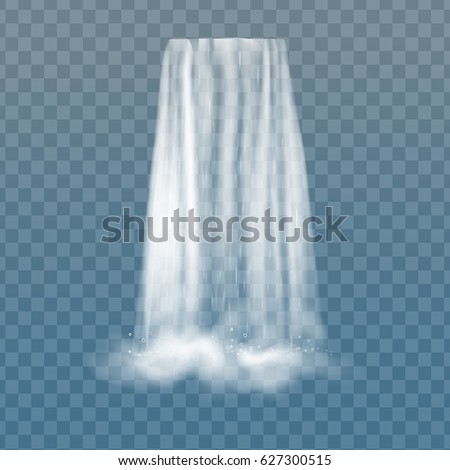 Realistic vector waterfall with clear water and bubbles. Natural element for design landscape image. Transparent, Nature Waterfall. Isolated on transparent background. Clear water stream of waterfall.