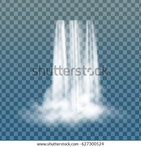 Realistic vector waterfall with clear water and bubbles. Natural element for design landscape images. Transparent Waterfall. Nature waterfall. Isolated on transparent background. Stream of water.\
,