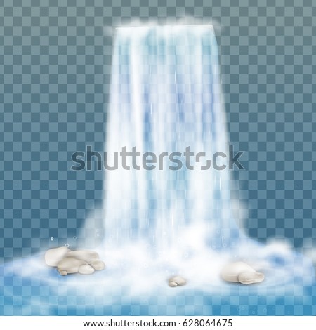 Realistic Transparent, Nature, stream of waterfall with clear water, stone  and bubbles isolated on transparent background. Natural element for design landscape image. Vector illustration.