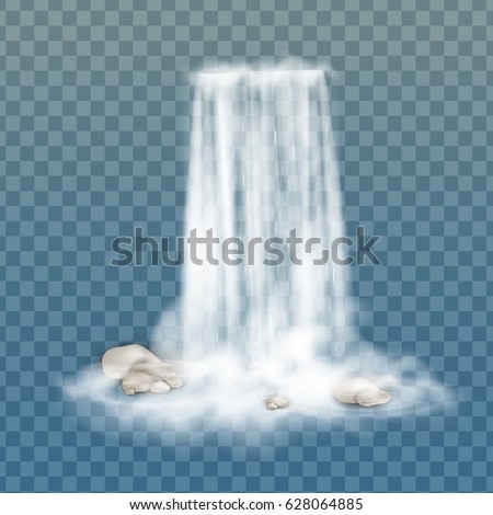 Realistic vector waterfall with clear water, stone,  bubbles. Natural element for design landscape images. Transparent Waterfall. Nature waterfall. Isolated on transparent background. Stream of water.