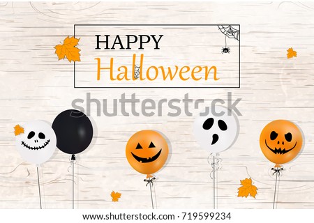 Happy Halloween. Holiday concept with halloween color balloons, falling orange leaves, halloween spider web for banner, poster, greeting card, party invitation. wooden background. vector illustration.