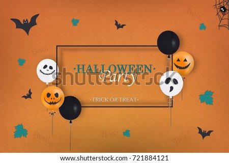 Happy Halloween. Trick or treat. Holiday design with halloween balloons, falling  leaves, halloween spider web, halloween bat for banner, poster, greeting card, party invitation. vector illustration.