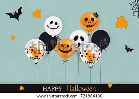 Happy Halloween. Holiday design with halloween colorful balloons, falling orange leaves, halloween spider web, halloween bat for banner, poster, greeting card, party invitation. vector illustration.