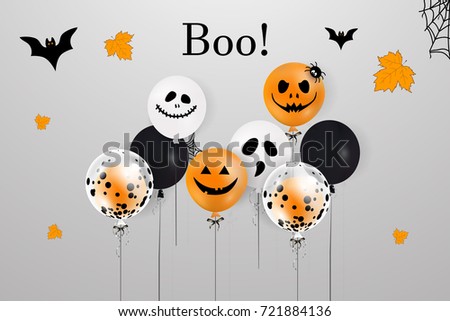 Happy Halloween.  Boo. Holiday design with colorful balloons, falling leaves, halloween flying bats for banner, poster, greeting card, party invitation. vector cartoon illustration.
