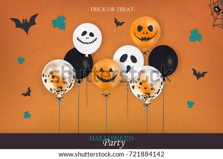 Halloween Party. Trick or treat. Holiday design with colorful balloons, falling leaves, halloween spider web, halloween bat for banner, poster, greeting card, party invitation. vector illustration.