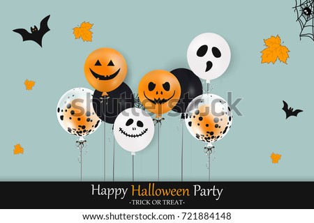 Happy Halloween Party. Holiday concept with halloween color balloons, falling leaves, halloween spider web, halloween bat  for banner, poster, greeting card, party invitation. vector illustration.