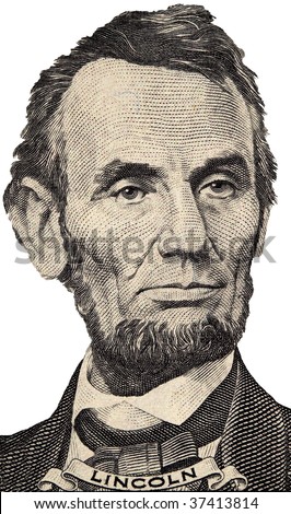 Lincoln\'s portrait on the U.S. five dollar bill on a white background