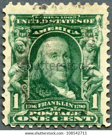 USA - CIRCA 1903: A stamp printed in USA shows portrait of Benjamin Franklin (1706-1790), circa 1903
