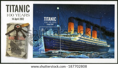 JERSEY - CIRCA 2012: A stamp printed in Jersey shows Titanic - 100 years, circa 2012