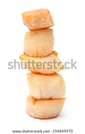 Stack of grilled scallops on white background