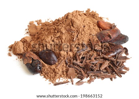 Cacao beans, cacao powder and chocolate on white background