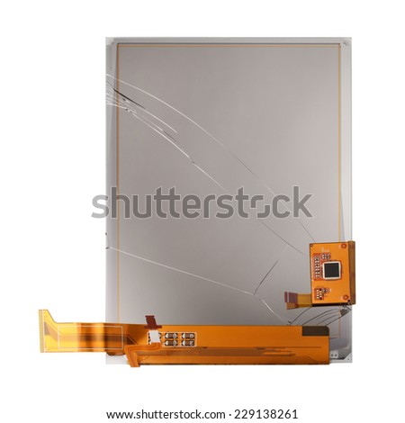 Broken screen of electronic pocket book isolated on white background