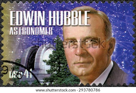 UNITED STATES OF AMERICA - CIRCA 2008: A stamp printed in USA shows portrait of Edwin Powell Hubble (1889-1953), astronomer, series American Scientists, circa 2008