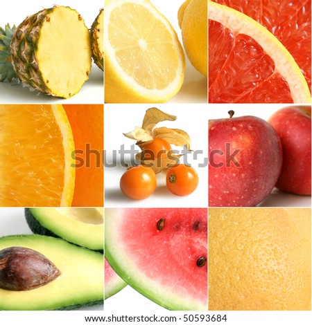 Colorful fruit collage of nine photographs