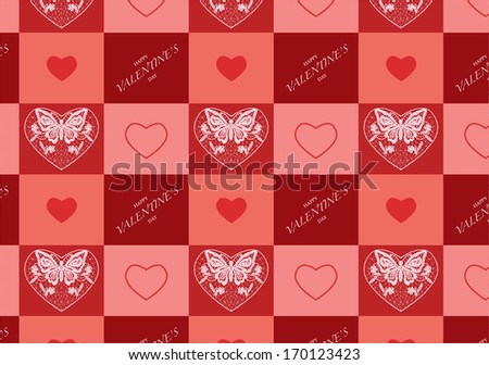 Valentine\'s day seamless pattern. Lace butterfly and flowers ornament hearts.