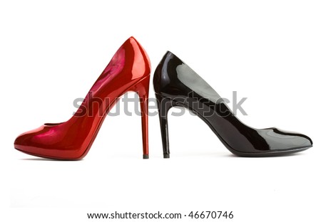 Womens Pumps  Heels on Red And Black High Heel Women Shoes On White Background Stock Photo