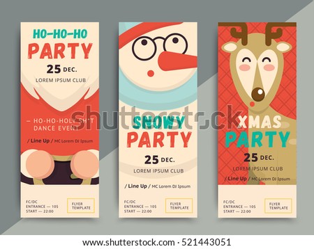 Christmas party flyer template design. Xmas poster in funny cartoon style. Winter holiday club event admission or entrance ticket layout. Vector illustration