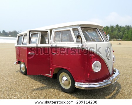 PHUKET, THAILAND - MARCH 27, 2015: Miniature VW Bulli 1962 on the beach. The cult car of the Hippie generation and it remained the status vehicle of the high wave surfers