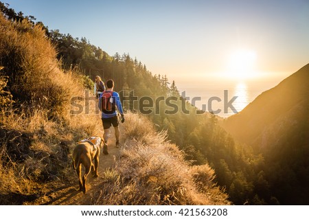 Man, woman, and dog hike in Big Sur, CA as the sun sets over the ocean.