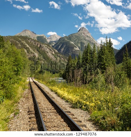 Tracks of the historic Durango and Silverton Narrow Gauge Railroad along the Animas River, Colorado, USA