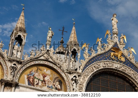 The artistic facade of the famous Basilica di San Marco (St. Mark's Cathedral) at Piazza San Marco (St. Mark's Square) in Venice, Italy.