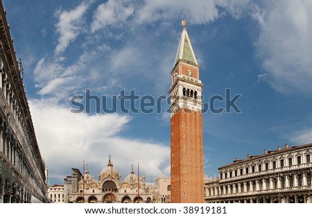 The famous Piazza San Marco (St. Mark\'s Square) with Basilica di San Marco (St. Mark\'s Cathedral) and Campanile (Bell Tower) in Venice, Italy.