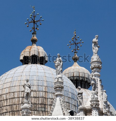 Details of the Domes of the famous Basilica di San Marco (St. Mark's Cathedral) at Piazza San Marco (St. Mark's Square) in Venice, Italy.