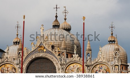 The domes of the famous Basilica di San Marco (St. Mark's Cathedral) at Piazza San Marco (St. Mark's Square) in Venice, Italy.