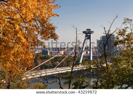 New Bridge over Danube River in Bratislava, Slovakia. Golden Fall Colors.