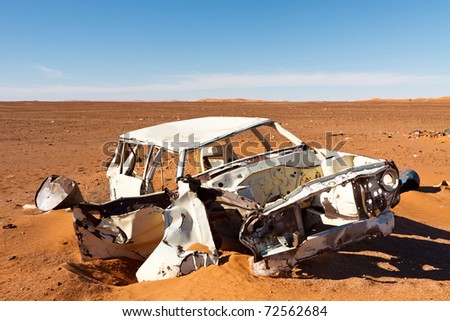 Abandoned wrecked car in Sahara Desert, Libya