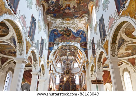 Baroque Church in Biberach, Germany. Highly ornate place of worship with elaborate ceiling frescos.