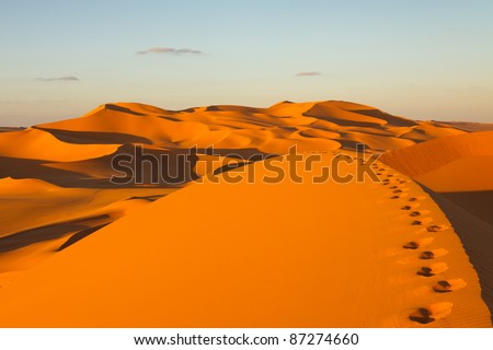 Footprints in the sand dunes at sunset - Murzuq Desert, Sahara, Libya