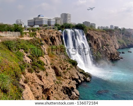 Waterfall on the Mediterranean Sea. The eastern part of the city of Antalya in Turkey.