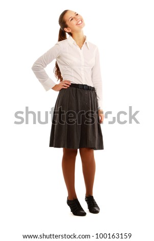 Full-body portrait business woman isolated on white background.