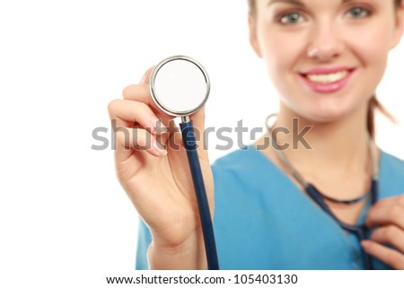 Smiling doctor  using stethoscope isolated