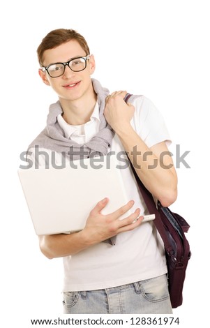 Portrait of a college guy with laptop, isolated on white background