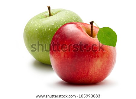 Green and red apple on white background