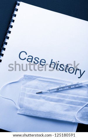 Case history, mask and thermometer on black