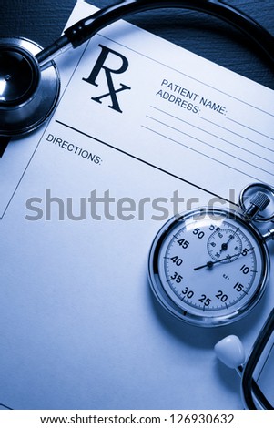 Stethoscope, stopwatch and patient list on black